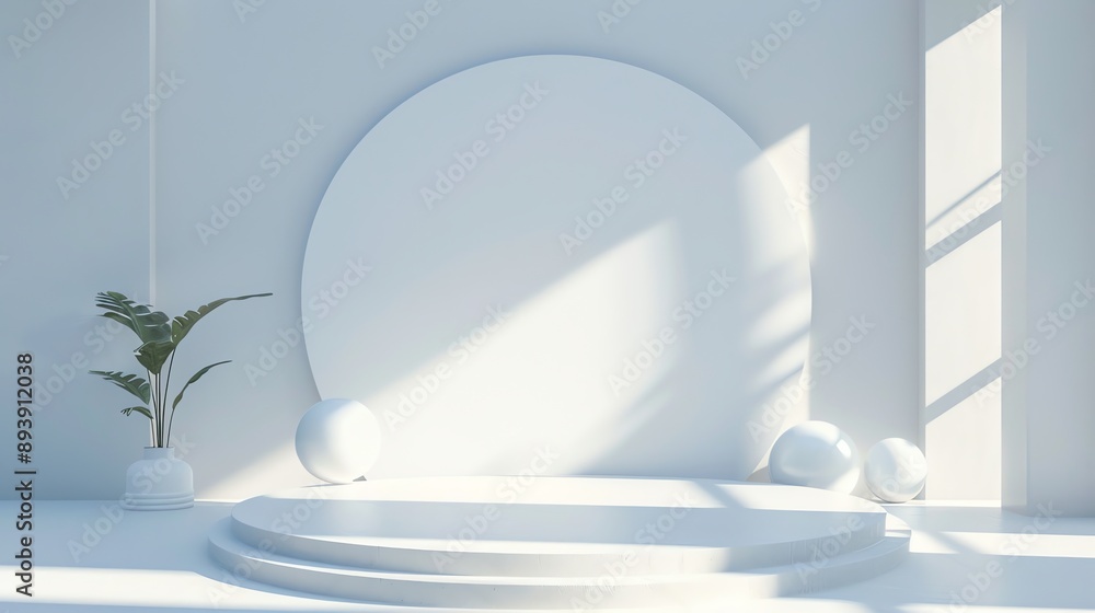 Poster 3d rendering of a white podium with a large circle on the back wall.
