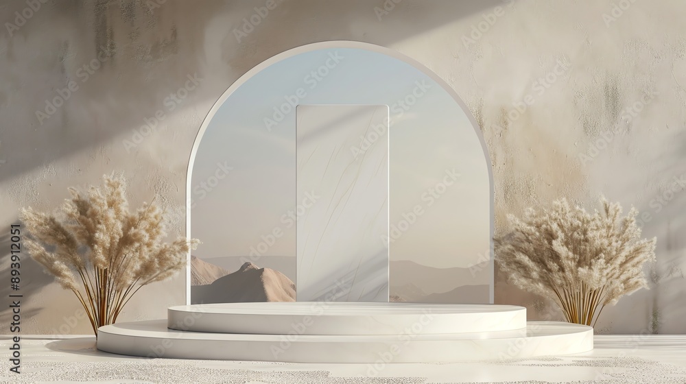Poster 3d rendering of a podium with a large blank frame in front of a large archway. there are two decorat