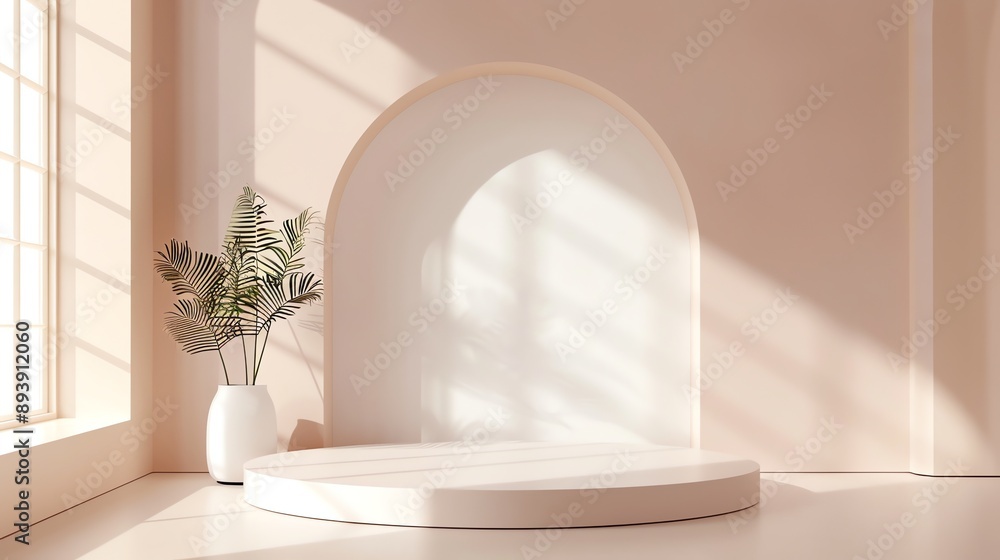 Poster 3d rendering of a simple and elegant room with a podium in the center. the room has a large window t