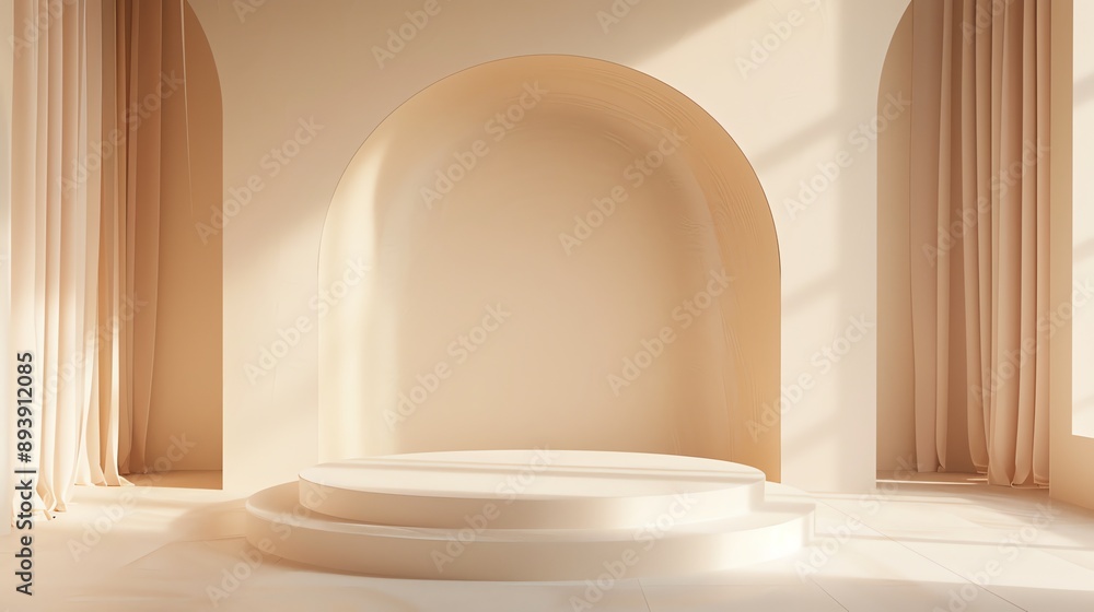 Poster 3d rendering of a simple and elegant room with a podium in the center. the room is lit by a soft, na