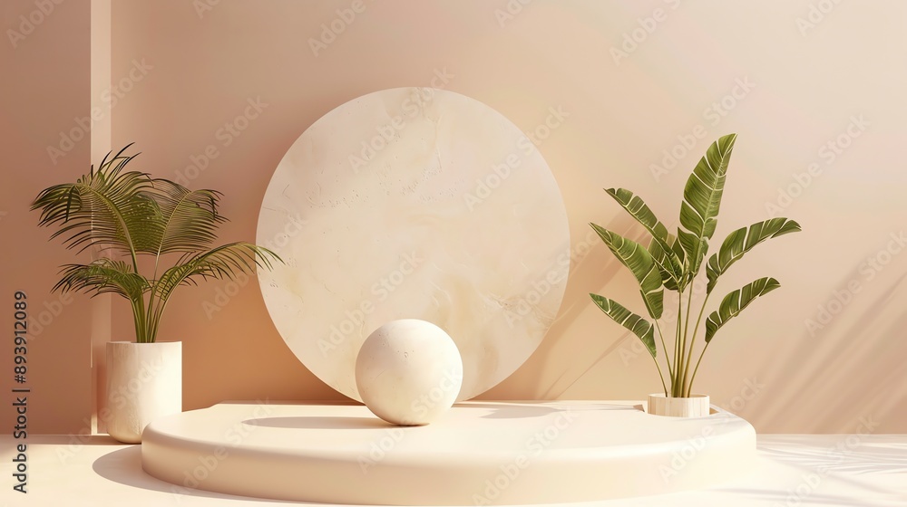 Poster 3d rendering of a product display platform with a large textured circle on the wall and two potted p