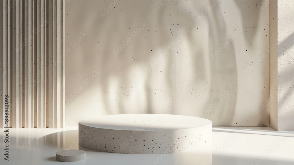 Poster 3d rendering of a beige podium with a cylindrical base in front of a beige background.