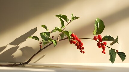 Fototapeta premium A elegantly arranged branch featuring vibrant red berries and lush green leaves, casting soft shadows against a neutral background. 