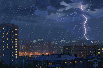 Dramatic night scene of a cityscape during a thunderstorm, with lightning illuminating the dark sky and rain falling over illuminated buildings.