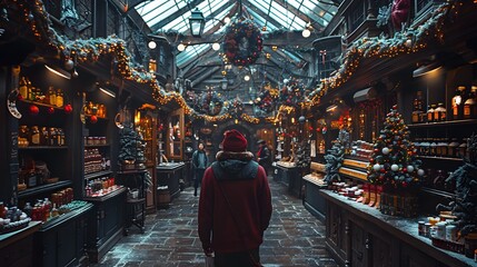 A cozy holiday market adorned with festive decorations, twinkling lights, and a Christmas tree, inviting visitors to explore its charming atmosphere. 