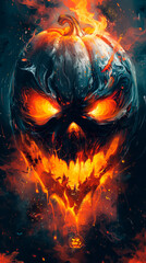 Fototapeta premium Fiery jack-o'-lantern with intense glowing eyes and a menacing grin, surrounded by swirling flames and sparks in a dark, spooky atmosphere. Concept: Halloween horror. Use: scary Halloween designs,