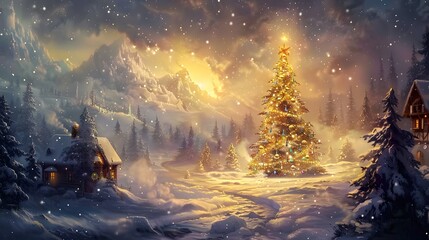 A serene winter landscape featuring a beautifully decorated Christmas tree amidst snow-covered mountains and cozy cottages, evoking a magical holiday spirit. 