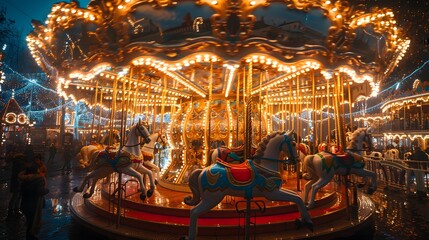 Obraz premium A beautifully lit carousel with ornate horses glimmers in the evening, surrounded by festive holiday lights, creating a magical atmosphere. 