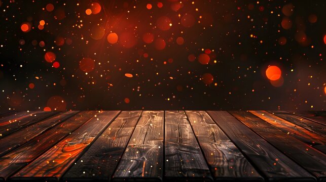 A beautifully rustic wooden surface surrounded by vibrant, shimmering bokeh lights, creating a warm and inviting atmosphere for various creative projects.