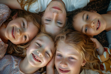 Fototapeta premium A close-up of five smiling children with their heads together on the ground, radiating joy and warmth from their happy expressions.