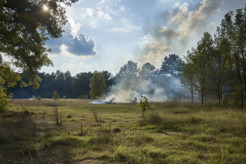 Fototapeta premium A grassy meadow with traces of smoke and flames under a bright sky, hinting at a controlled burn or wildfire in progress.