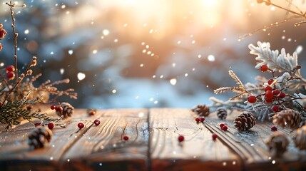 A beautifully decorated wooden table adorned with pinecones and bright red berries, set against a snowy winter landscape, captures the essence of a cozy holiday season. 