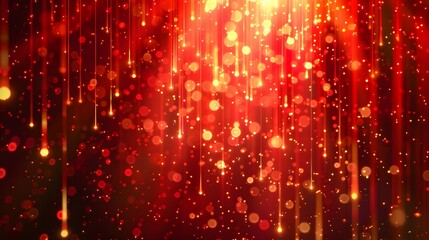 A vibrant abstract background featuring shimmering red lights and falling sparkles, perfect for festive themes and celebrations. 