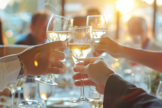 A celebratory toast with glasses of white wine in a warm, sunlit setting, capturing a moment of shared joy and camaraderie.