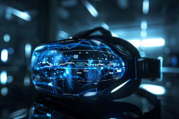 A sleek, high-tech VR headset glowing with blue interface lights in a futuristic, dark setting, highlighting cutting-edge technology.