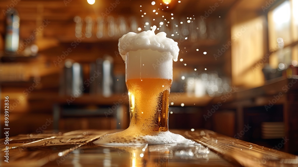 Poster refreshing beer with frothy head in a rustic setting