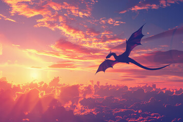 A dragon gracefully flies through a radiant and colorful sunset sky filled with vibrant clouds, setting a dramatic, mystical scene.