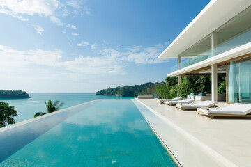 Fototapeta premium Luxurious beachfront villa with an infinity pool, capturing a tranquil ocean view and modern architecture under a bright blue sky.