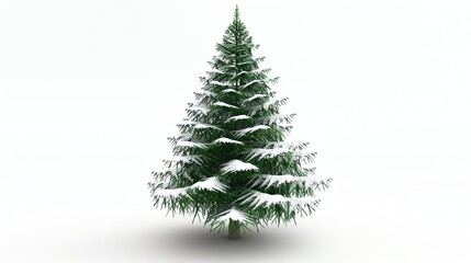 A beautiful 3D rendering of a snow-covered Christmas tree. The tree is a deep green color, and the snow is a bright white.