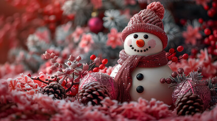 Obraz premium Snowman with pink hat and scarf, surrounded by pink gifts, pinecones, berries, and ornaments. Snow falling in a festive scene. Christmas card, holiday greeting card, Merry Christmas. happy snowman