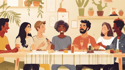 A group of diverse friends are sitting around a table, enjoying a meal together.