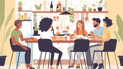 A group of diverse friends are sitting around a kitchen table, eating, drinking, and talking.
