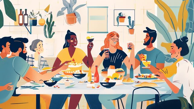 A group of diverse friends are sitting around a table, enjoying a meal together.