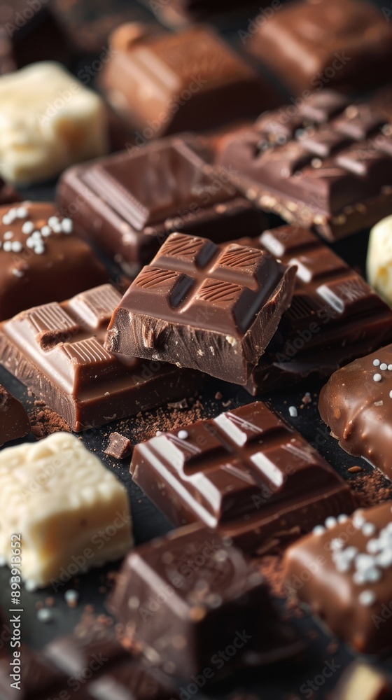 Poster assorted chocolate bars with different textures and toppings.