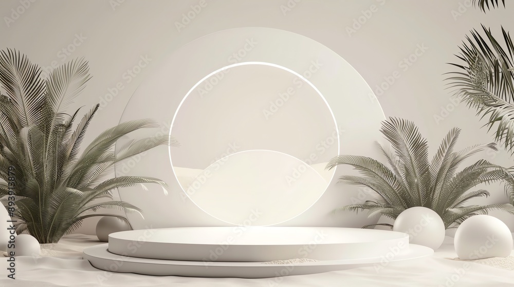 Poster 3d rendering of a product display platform with a circular backdrop and palm trees.