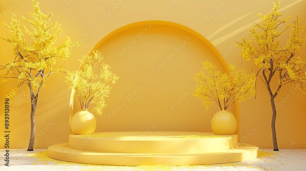 Aufkleber 3d rendering of a yellow podium with a yellow background. there are two yellow trees with yellow lea