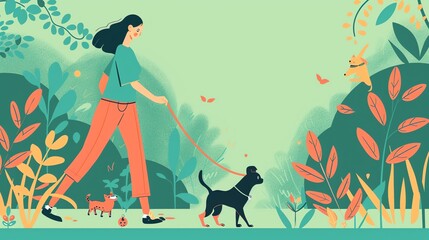 A young woman is walking her dog in the park. The dog is black and the woman is wearing a green shirt and orange pants.