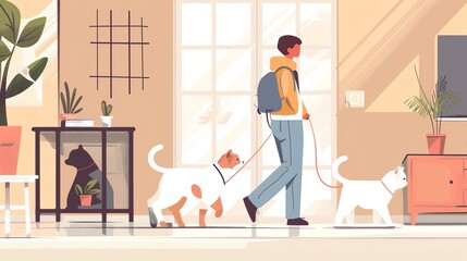 A young man walking his two dogs in the living room. The cat is watching them from the cat's house. The man is wearing a backpack and casual clothes.