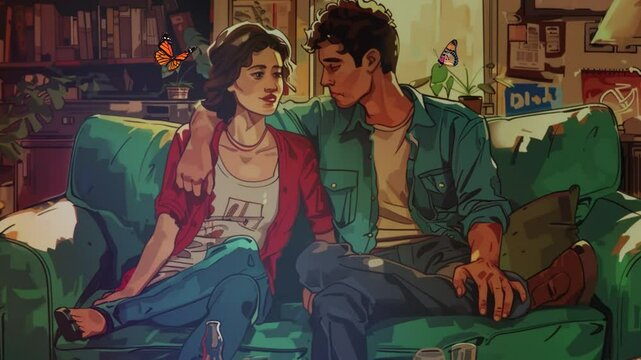 A romantic couple shares a tender moment in a cozy caf&eacute;, surrounded by warm lights and intimate ambiance, capturing the essence of love and connection.