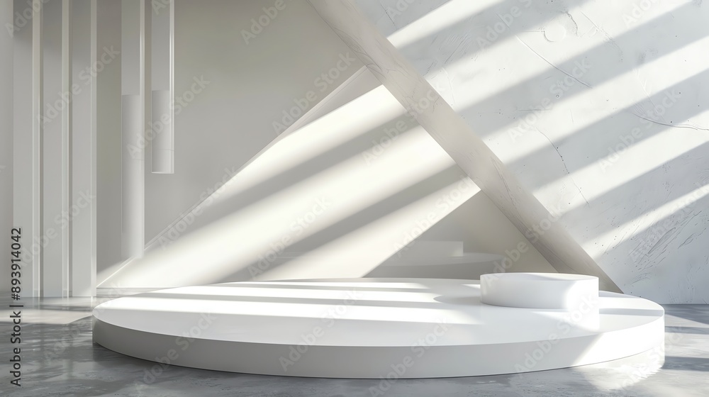 Poster 3d rendering of a white podium in a white room with triangle wall and concrete floor. the scene is l
