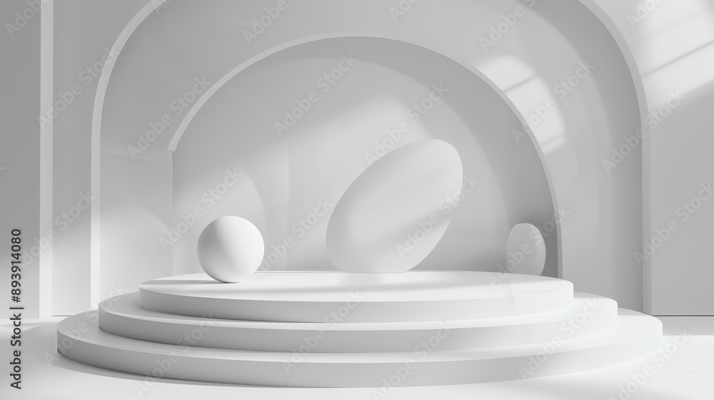 Poster 3d rendering of a simple and clean white podium with a sphere on it. the podium is made up of 3 step