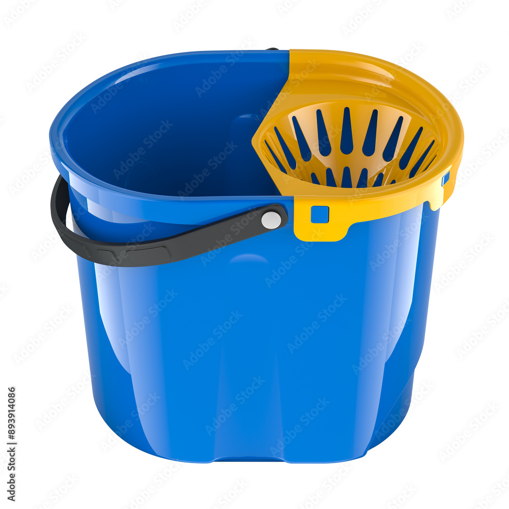 Poster blue mop bucket with classic wringer, empty. 3d rendering isolated on transparent background