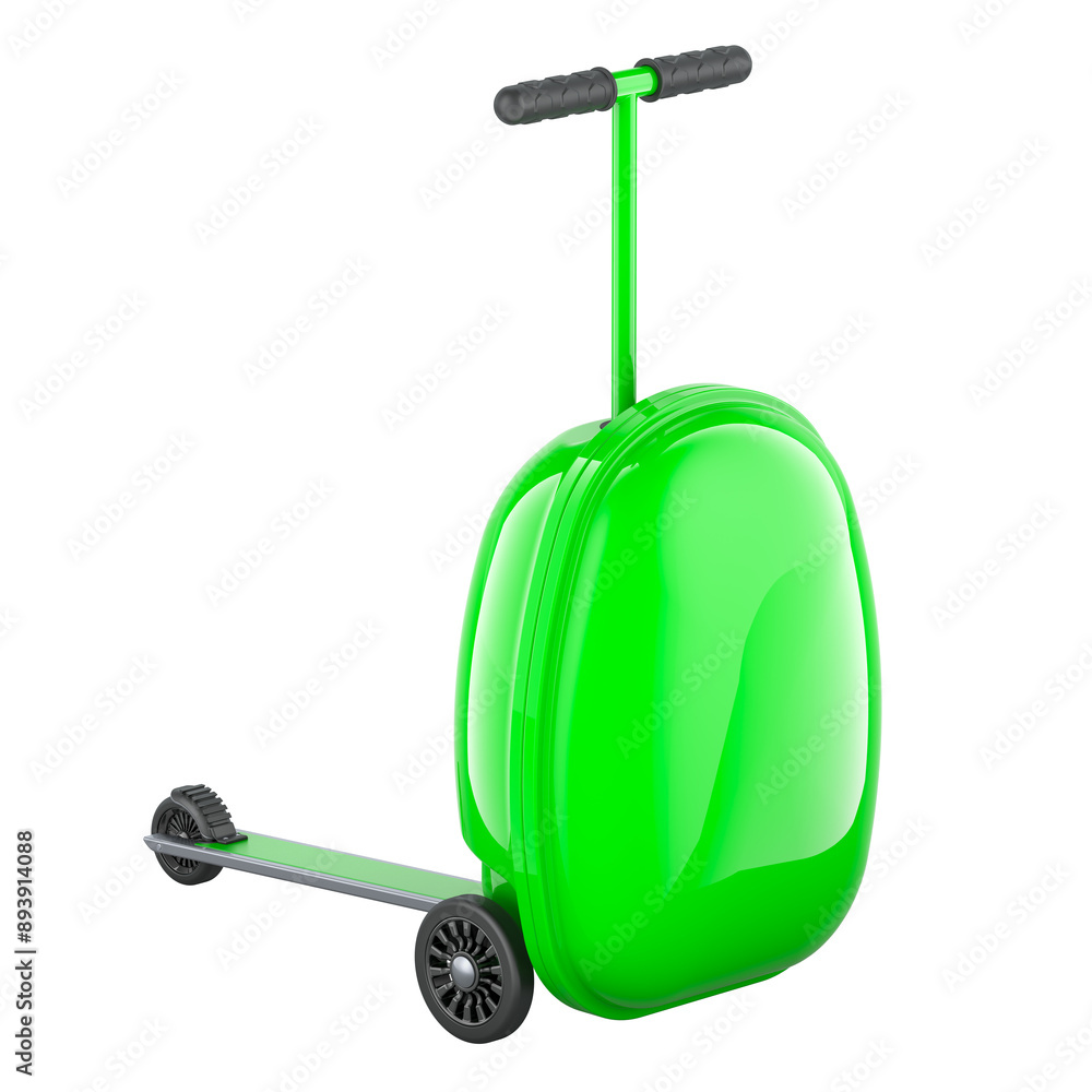 Poster green scooter suitcase. 3d rendering isolated on transparent background