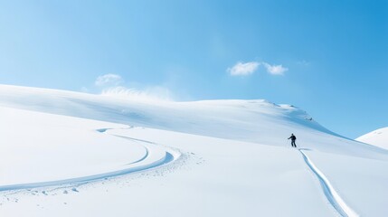 Obraz premium A lone skier carves a turn through pristine, powder-covered slopes under a clear, blue sky