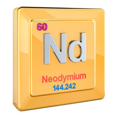 Neodymium Nd, chemical element sign with number 60 in periodic table. 3D rendering isolated on transparent background