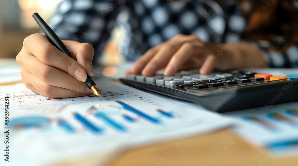 Aufkleber a professional is reviewing financial reports and using a calculator to perform calculations.