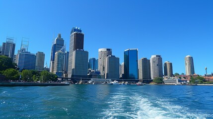 Obraz premium A bright, sunny daytime cityscape by the waterfront, displaying a collection of modern urban buildings and skyscrapers with clear blue sky and water, creating a lively atmosphere.