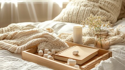 Wooden tray with sketchbook, marshmallows, candle, and flowers on white bedding. Morning concept.