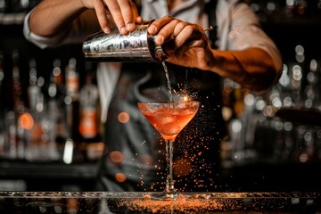 A mixologist shaking a cocktail with flair.