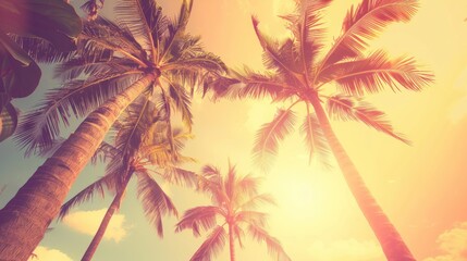 Retro Toned Palm Trees Against Sunset Sky. generative AI