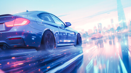 Fototapeta premium A Close-Up of a Modern Car Speeding on a Neon-Lit Street at Night