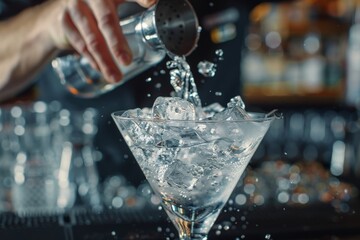 A mixologist stirring a classic martini with ice.