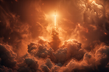 Orange Rocket Launching Through Dense Clouds