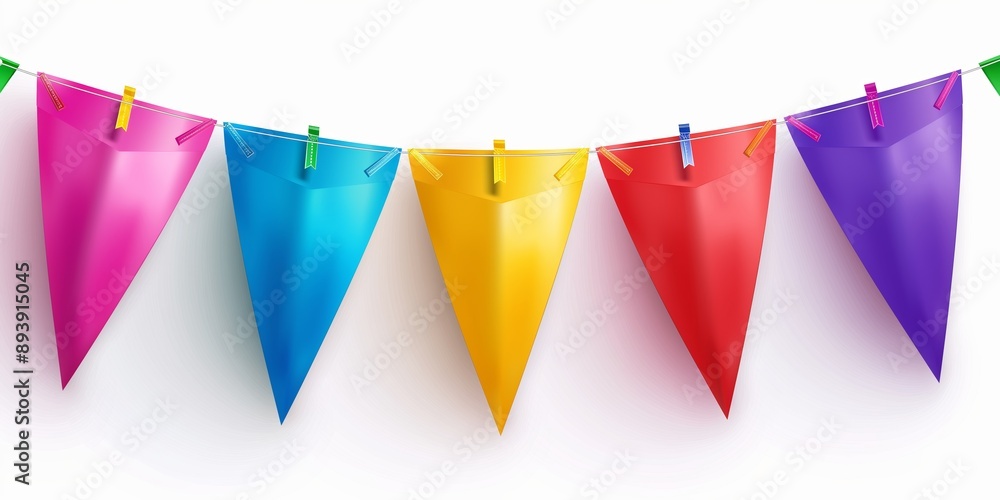 Poster a row of colorful triangular flags hanging on a line. the flags are of different colors and sizes, a