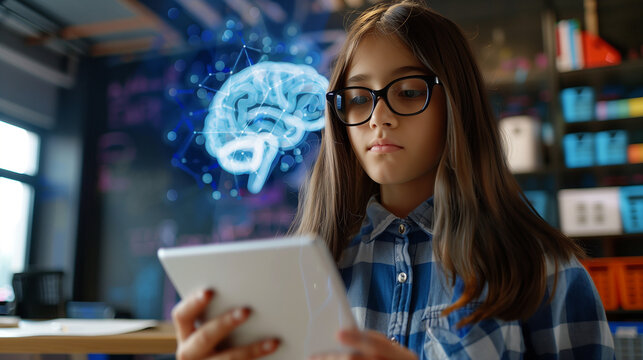 Curious school girl in uniform gazing at a holographic brain projection. Futuristic education concept showcasing technology's role in learning