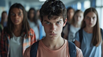 Fototapeta premium A young male teenager stands up to a bully in a school hallway, his face determined and serious. He is surrounded by other students, some of whom appear to be watching the confrontation